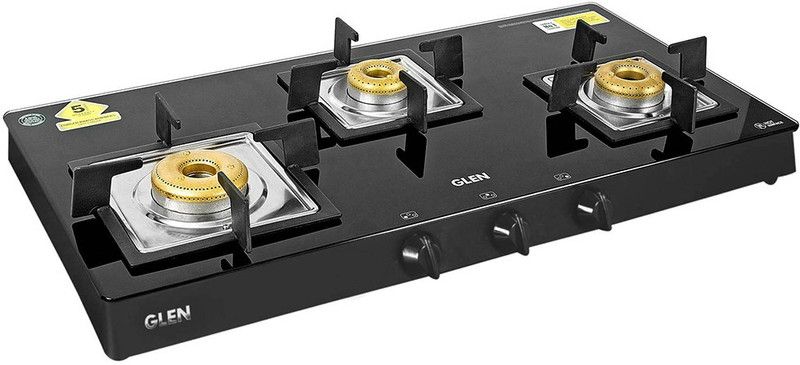 Glen 3 Burner Glass Black Cooktop 1038 SQ BL Forged Brass Burners Stainless Steel Manual Gas Stove  (3 Burners)