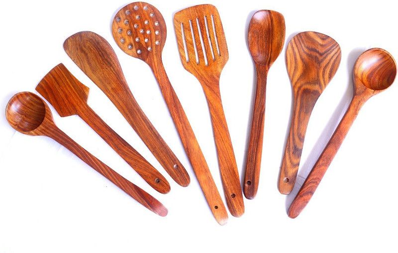 flipshoppee AA1160 Bright and beautiful, Handmade Wooden Sheesham Spatula Serving & Cooking Spoon & Kitchen Tools Utensil Non Stick- Jhara- Set of 8 Natural wood Kitchen Tool Set  (Natural wood, Cooking Spoon, Ladle, Spatula, Skimmer, Strainer)