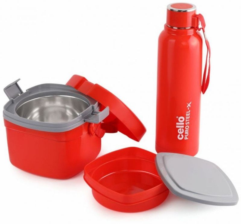 cello Puro Benz Stainless Steel Lunch Gift Set 730 ml Bottle  (Pack of 2, Red, Plastic, Steel)