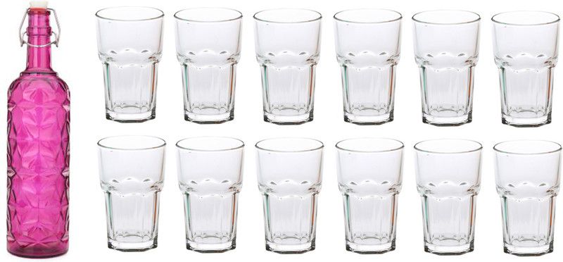 AFAST Bottle & 12 Glass Serving Lemon Set, Pink, Clear, Glass - A665 Jug Glass Set  (Glass)