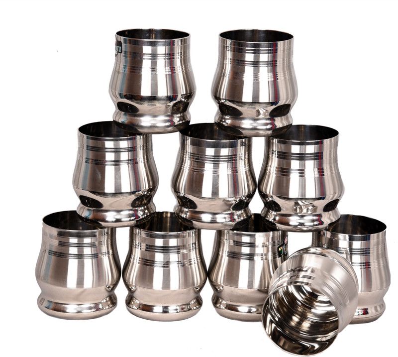 LIMETRO STEEL (Pack of 10) Stainless Steel G2-10 Glass Set Water/Juice Glass  (350 ml, Steel, Steel)