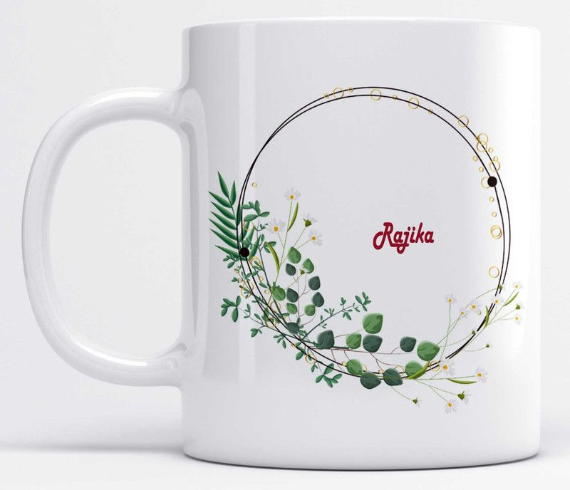 Rajika Name Double Ring Beautiful Leaves Design Ceramic Coffee Mug  (325 ml)