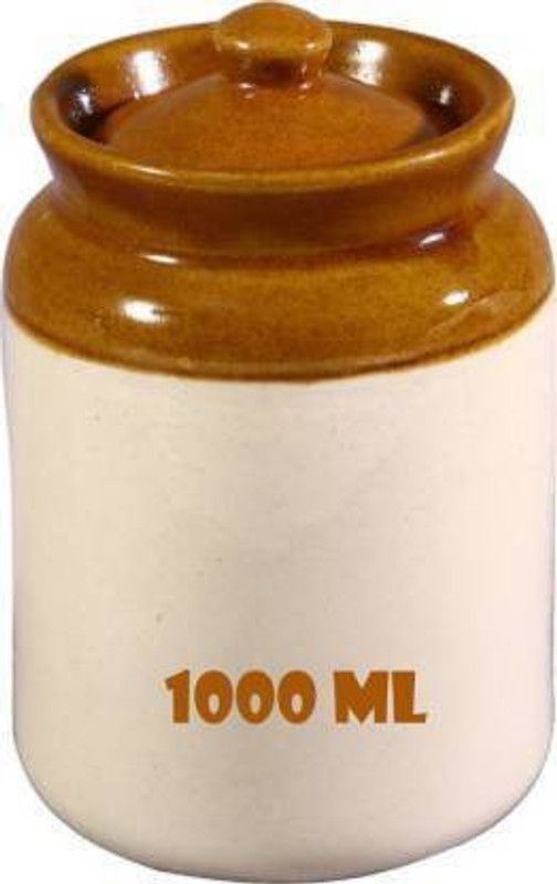 THE HIMALAYA CRAFT Ceramic Pickle Jar - 1000 ml  (White, Brown)