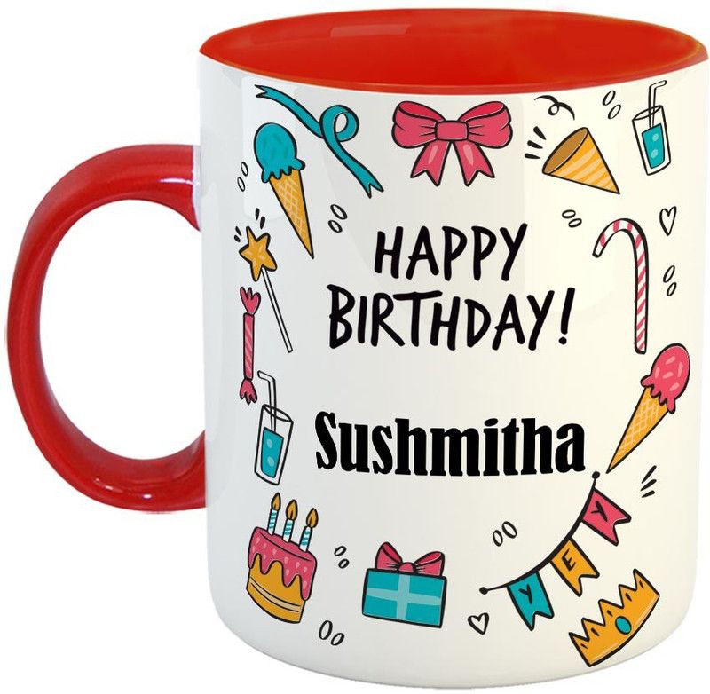 Furnish Fantasy Best Personalised Gift for Birthday, Red, Name - Sushmitha Ceramic Coffee Mug  (350 ml)