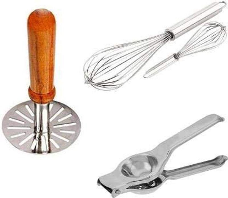 Rangera Export Whisk Masher Masher Round, Size- 2 Whisker, Size-3 Whisker and Lemon Squeezer Kitchen Combo Set (Pack of 4) Kitchen Tool Set Kitchen Tool Set  (Masher, Whisk, Juicer)