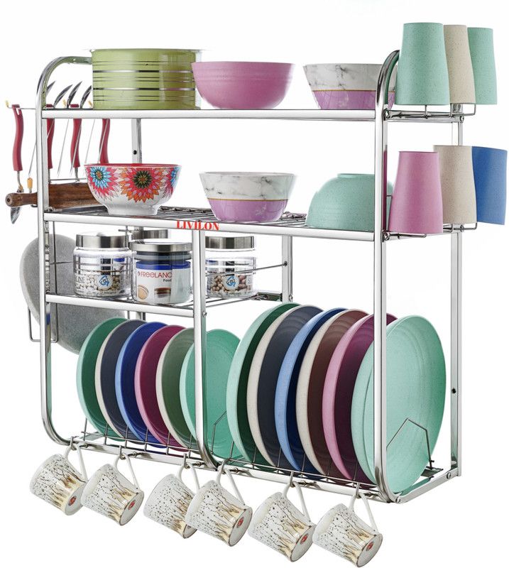 L LIVILON Modified 24 x24 Inches Kitchen Dish Rack / New Generation Kitchen Stand Utensil Kitchen Rack  (Steel, Silver)