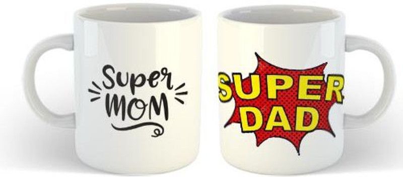 CHARMING Super Mom Super Dad & Super Dad Printed Combo Coffee Ceramic Coffee Mug  (330 ml, Pack of 2)