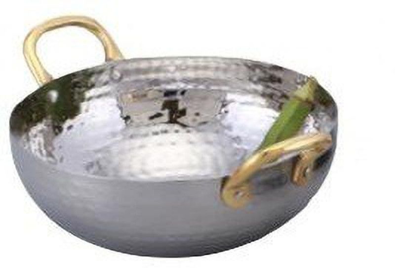 JS Hotelware Stainless Steel Serving Bowl Stainless Steel Hammered Serving Kadhai Pan with Both Sided Brass Handle  (Pack of 1, Steel)