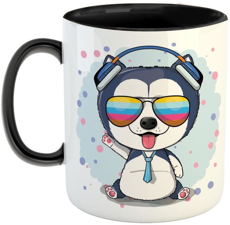 Furnish Fantasy Cute Husky Puppy Ceramic Coffee - Best Gift for Kids / Dog Lovers - Color - Black (0913) Ceramic Coffee Mug  (350 ml)