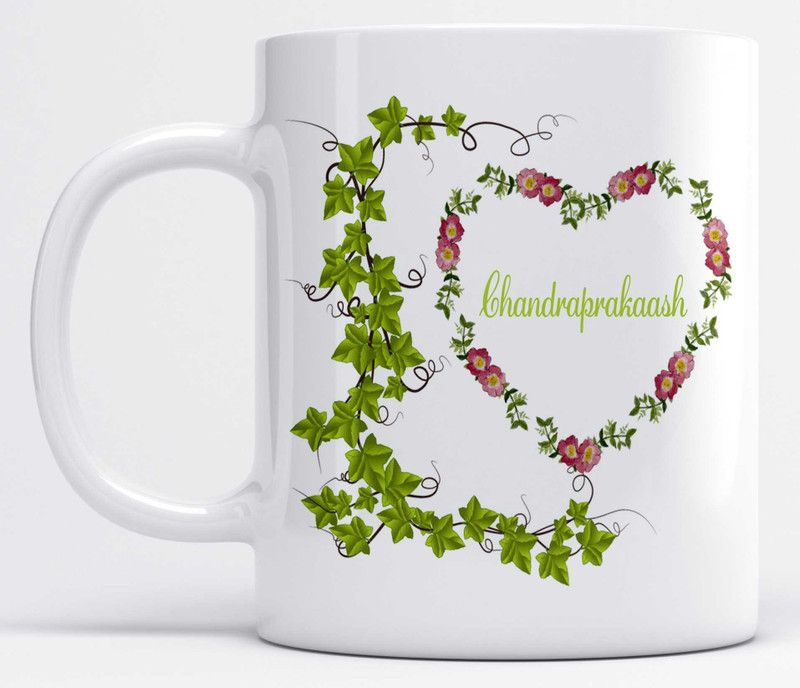 Name Chandraprakaash Printed Green Leaves And Heart Design Ceramic Coffee Mug  (350 ml)