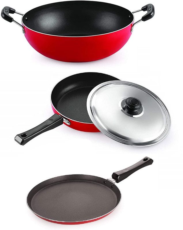 HM EVOTEK 3 Layer Coated Fry Pan With Lids , Kadhai And Dosa Tawa Without Lids Combo Non-Stick Coated Cookware Set  (Aluminium, 3 - Piece)