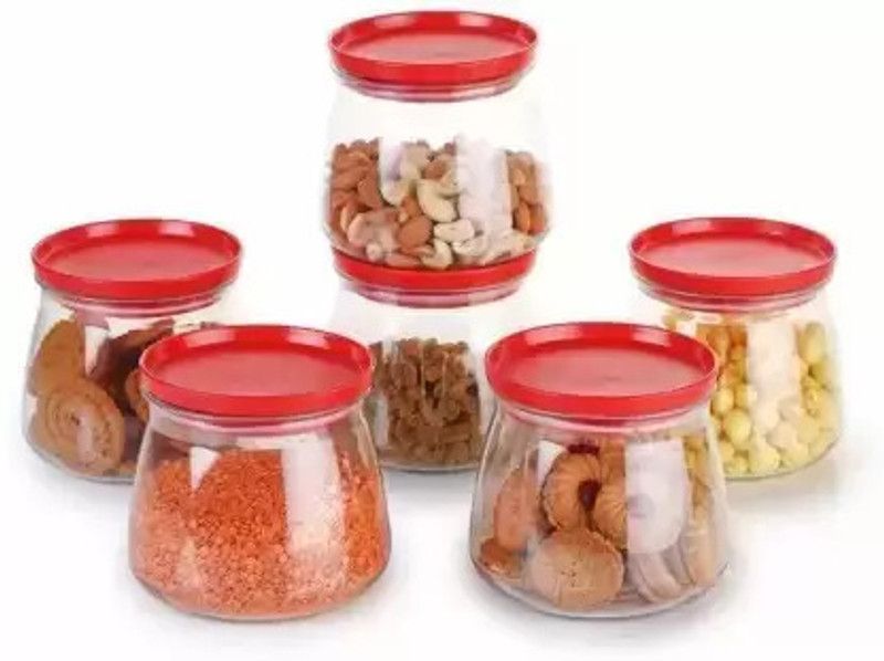 PRAMUKH Plastic Cookie Jar - 800 ml  (Pack of 6, Red)