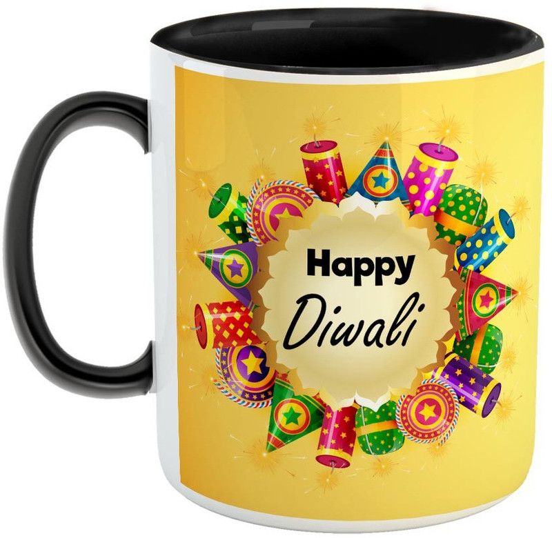 Furnish Fantasy Happy Diwali Ceramic Coffee - Best Diwali Gift - Color - Black (0830) Ceramic Coffee Mug  (350 ml)