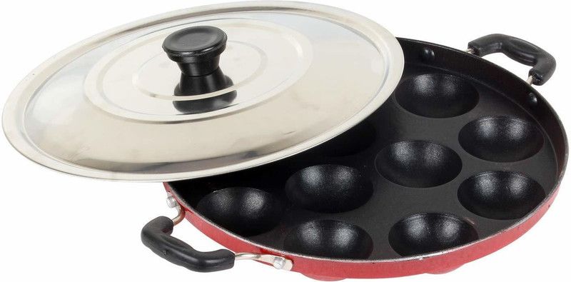 Padchaaya 12 Cavities Non Stick Appam Patra with Lid and Side Handle with Lid 1 L capacity 22 cm diameter  (Iron, Non-stick, Induction Bottom)