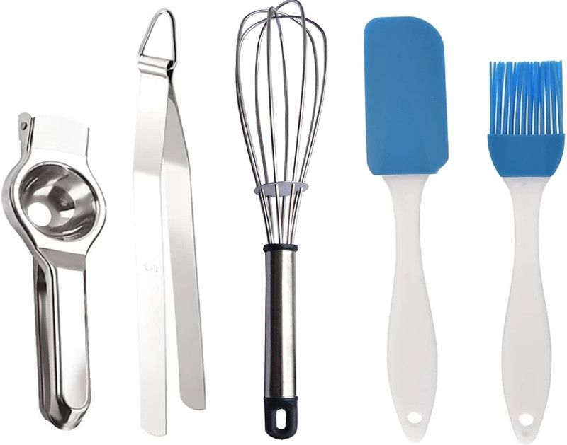 YourBazaar Stainless Steel Super Combo 5 Pieces - Lemon Squeezer, Whisk, Tong, Silicone Spatula and Pastry Brush Set Kitchen Tool Set  (Juicer, Brush, Whisk)