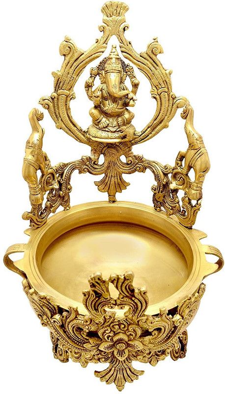 FS Brass Handcrafted Ganesha & Elephant Designed Brass Urli Showpiece, Antique Brass Decorative Bowl  (Yellow, Pack of 1)