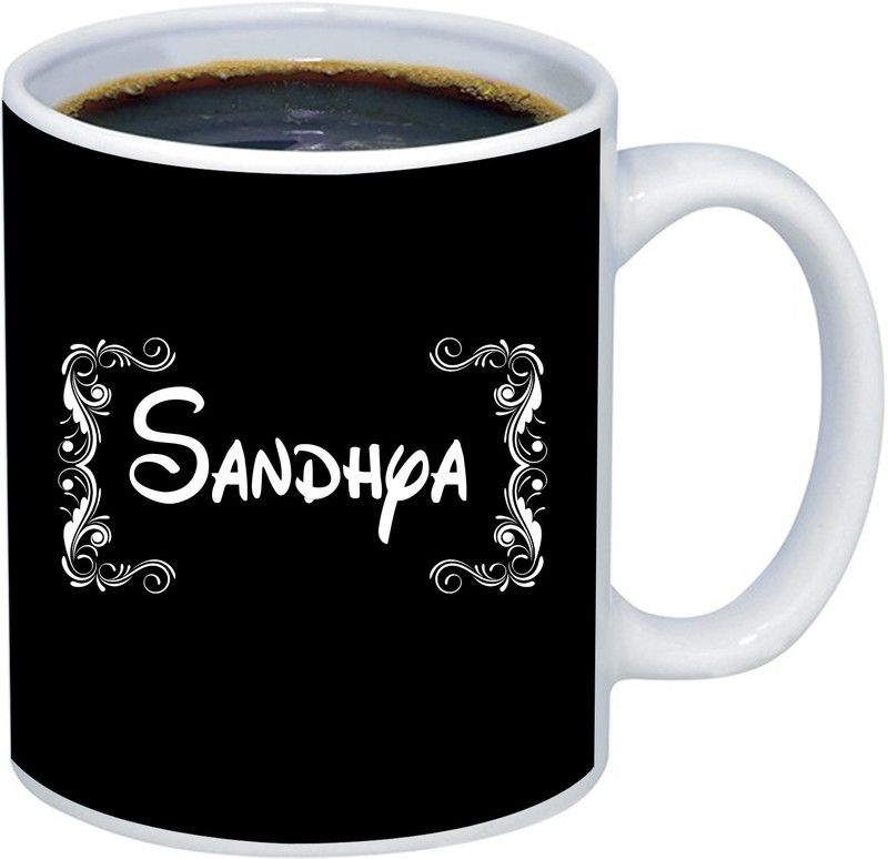 ADITI Designs Sandhya letter text on Black background theme Ceramic Coffee Mug  (350 ml)