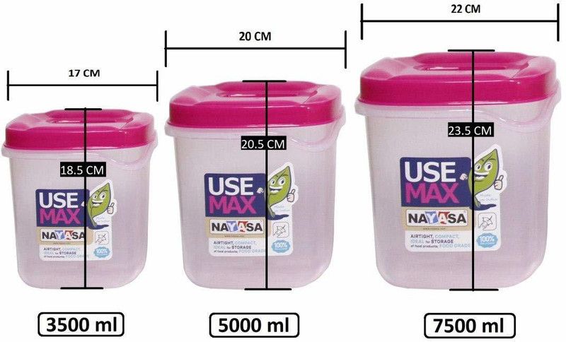 NAYASA Use Max Airtight Container set of 3, 10000 ml, 5000 ml, 3500 ml - 10000, 5000, 3500 Plastic Grocery Container  (Pack of 3, Pink)