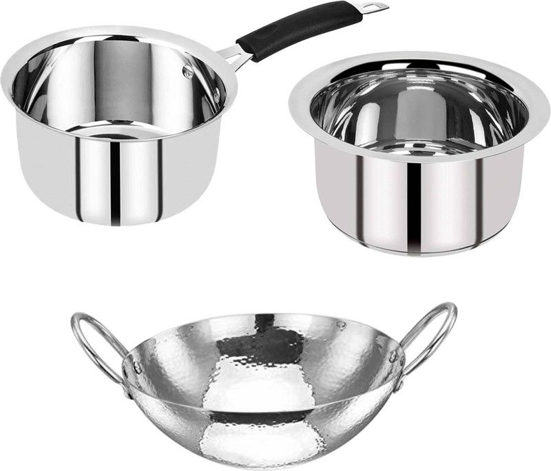 BERGNER Essential 3 Pcs Cookware Set - 16cm Tope, 16cm Saucepan, 22cm Kadai Induction Bottom Cookware Set  (Stainless Steel, 3 - Piece)