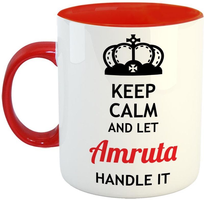 Furnish Fantasy Keep Calm and Let Amruta Handle It Ceramic Coffee - Best Birthday Gift for Son, Daughter, Brother, Sister, Gift for Friends - Color - Red, Name - Amruta Ceramic Coffee Mug  (350 ml)