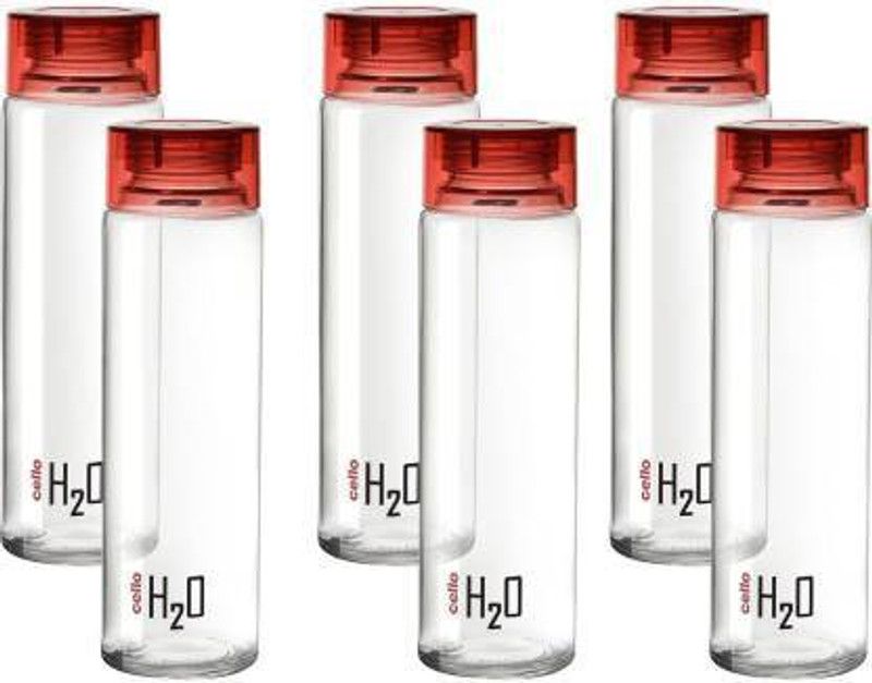 YASHODEEP PLASTIC Cello H2O Sodalime Glass Fridge Water Bottle with Plastic Cap ( Set Of 4 - Red ) 1000 ml Bottle  (Pack of 6, Red, Plastic)