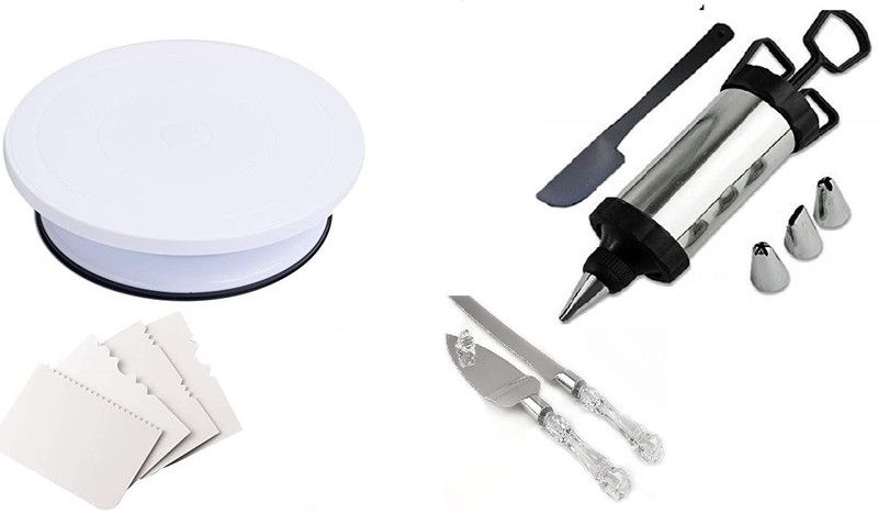 AADGEX cack tan table, serving set knife, cack decorate gun and cack scraper (combo) Baking Smoother & Polisher  (Multicolor)