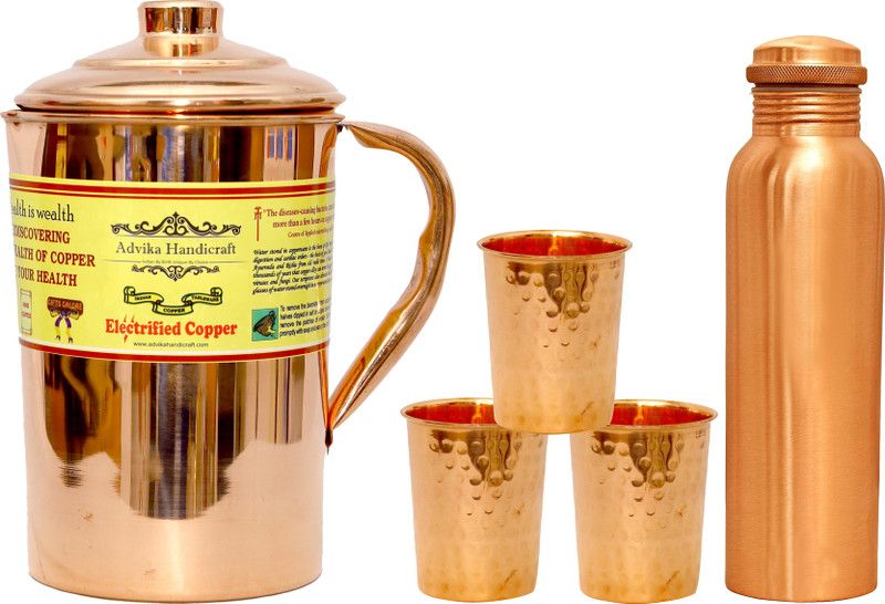 Advika Handicraft Handmade Pure Copper 1 Jug Pitcher Capacity 2 Liter {3} Glass Cup Goblet Capacity 300 ML {1} Water Bottle Capacity 1000 ML for Storage Water Good Health Benefits Jug Bottle Glass Set  (copper)