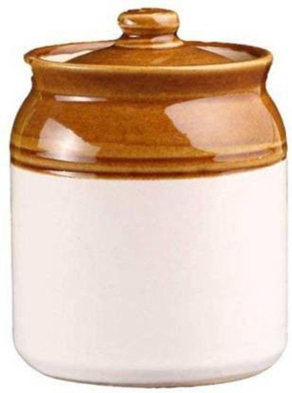Sahebji - 500 ml Ceramic Pickle Jar  (White, Brown)