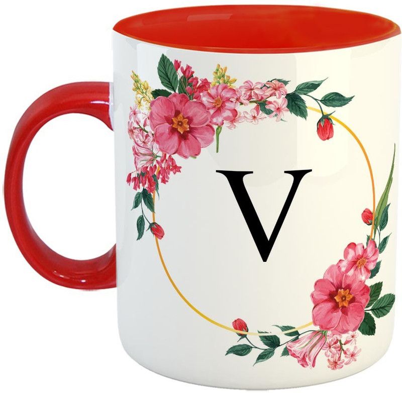 Furnish Fantasy Alphabet V Ceramic Coffee - Best Alphabet Gift for Family and Friends - Color - Red (1211) Ceramic Coffee Mug  (350 ml)