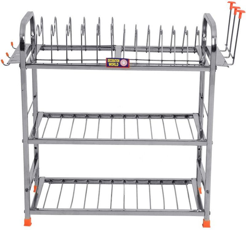 Decoration world Stainless Steel Utensils Kitchen Rack Dish Rack Plate & Cutlery Storage Rack Dish Drainer Kitchen Rack  (Steel, Silver)