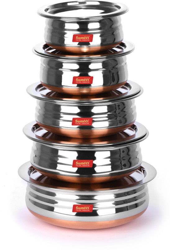 Sumeet Stainless Steel Copper Bottom Urli Cookware/Serveware/Handi/Pot With Lid - 5 Pcs Set (No.1 - 500ML, No. 2 - 1000ML, No. 3 - 1300ML, No.4 - 1700ML, No. 5 - 2100ML) Cookware Set  (Stainless Steel, 10 - Piece)