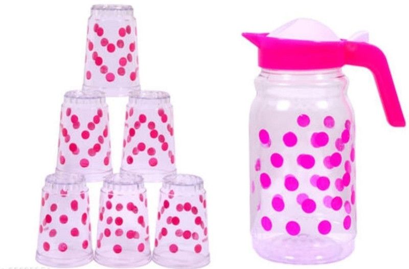 NPS Plastic Attractive Dot Printed Design 2000 ML Plastic Water Jug with 6 Printed Jug Glass Set  (Plastic)