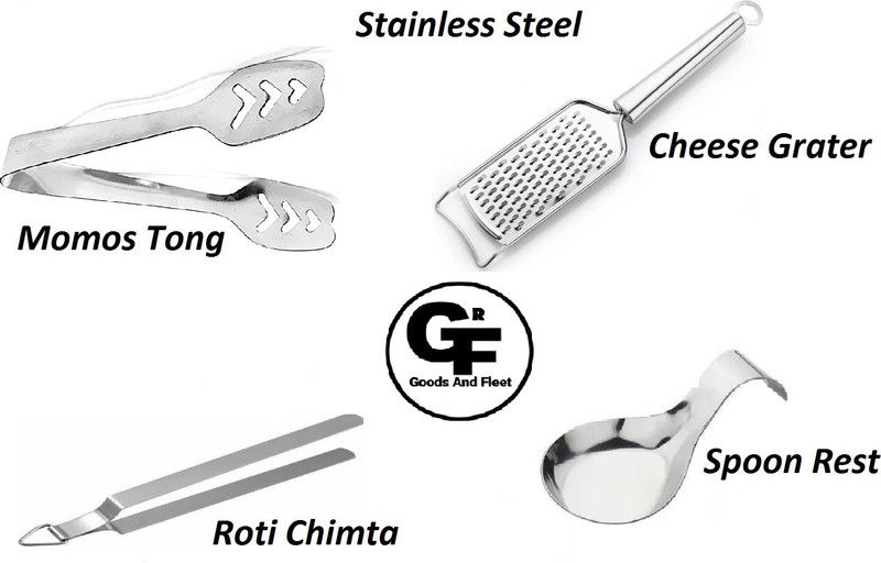 Goods And Fleet Stainless steel Spoon Rest Grater Roti Chimta Momos Tong Kitchen Tool Set  (Silver, Grater, Tong)