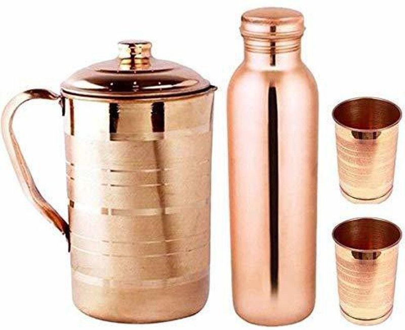 Kanishk Creations Copper Water Jug 1.5 LTR and Glass Set with 2 Glasses with one copper bottle Jug Bottle Glass Set  (copper)