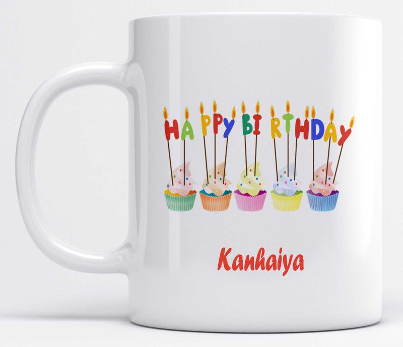 Name Kanhaiya Printed Happy Birthday Candle Design Ceramic Coffee Mug  (325 ml)