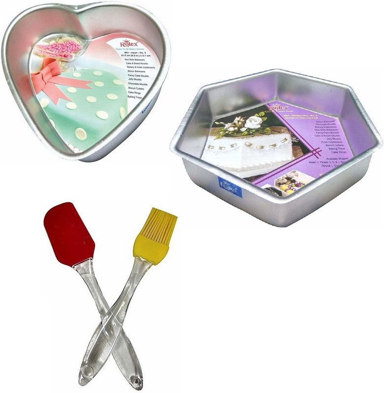 ROLEX Aluminium Heart Hexagon Shape Cake Baking Mould Set with Silicone Oiling Greasing Brush Spatula Combo Set Kitchen Tool Set  (Multicolor, Baking Tools, Spatula, Brush)