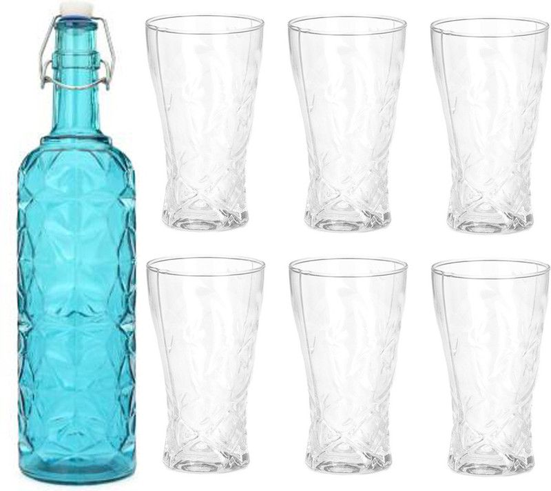 AFAST Bottle & 6 Glass Serving Lemon Set, Blue, Clear, Glass - A164 Jug Glass Set  (Glass)