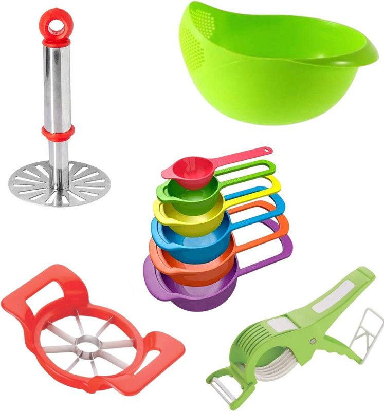 pSmart Kitchen Tool Combo Set 2 in 1 vegetables Cutter Masher (Stainless Steel),Apple Cutter,Rice Bowl,Spoon Set (6 pcs) Multicolor Kitchen Tool Set  (Multicolor, Cutter, Masher, Cutter, Cooking Spoon)