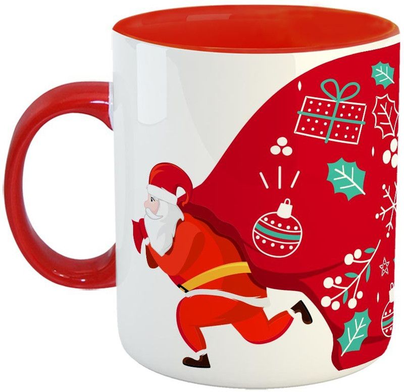 Furnish Fantasy Santa Claus Pulling Huge Bag Ceramic Coffee - Best Gift for Christmas - Color - Red (1085) Ceramic Coffee Mug  (350 ml)