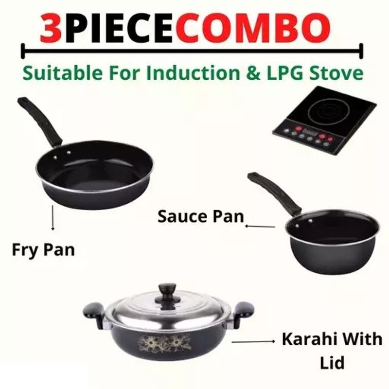 VWAY Kadhai With Lid , Sauce pan , Fry Pan Induction Bottom Non-Stick Coated Cookware Set  (Cast Iron, 3 - Piece)