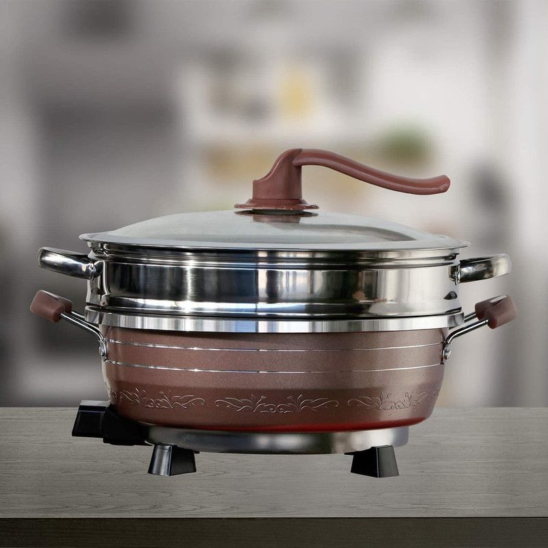 Electric Hot Pot Multi-Function Non Stick Frying Hot Pot Smokeless Pot Sauce Pan 35 cm diameter with Lid 5 L capacity  (Steel, Non-stick, Induction Bottom)