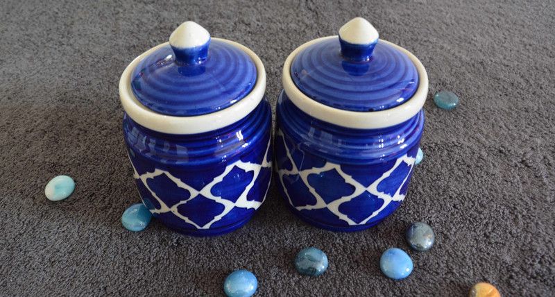 Renhomz Ceramic Cookie Jar - 500 ml, 500 ml  (Pack of 2, Blue)