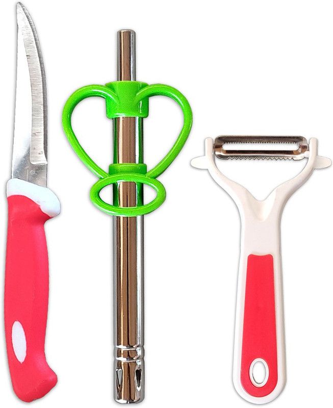 KANIJ Knife + Gas Lighter + Peeler For Vegetable Fruit Carrot Ginger Potato Apple Mango Papaya Pear Radish Beetroot Kitchen Chef Cutting Peeling and Gas Stove Lighting Cooking (Set of - 3) Kitchen Tool Set  (Red, Green, Knife, Peeler, Gas Lighter)