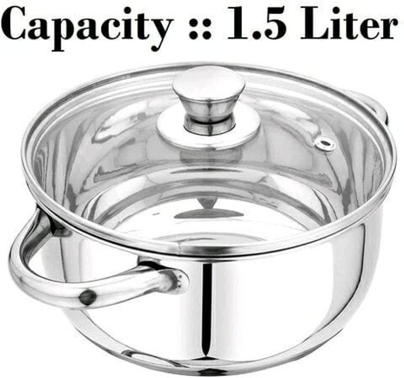 Pristu Stainless Steel Dutch Oven with Lid,Kitchen Cooking & Serving Bowl Set (1.5 Ltr) Pot 18 cm diameter 1.5 L capacity with Lid  (Stainless Steel, Non-stick, Induction Bottom)