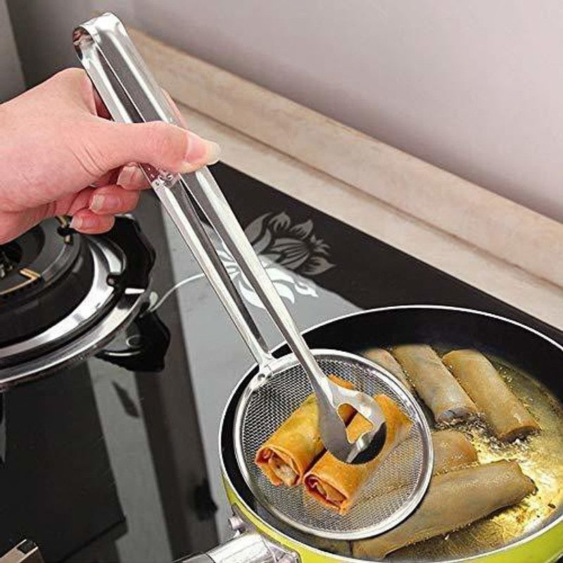 TatvamZone Multi-Functional 2 in 1 Fry Tool Filter Spoon Snack Strainer with Clip. 22 cm Utility Tongs  (Pack of 1)
