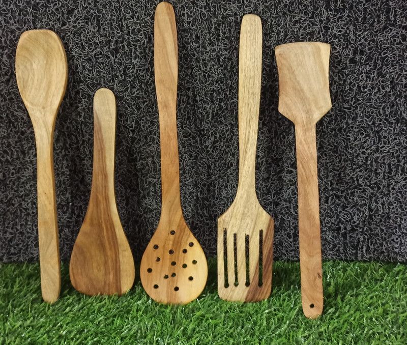 S19 COOKING SPOONS SET OF 5 Kitchen Tool Set  (wood color)