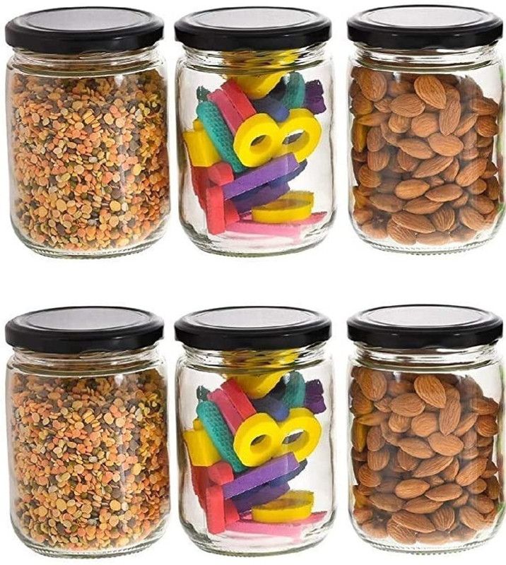 Avresta FNP MINIMA black jar Cylinder Round Glass Jar With Capacity Rust Proof - 400 ml Glass Grocery Container  (Pack of 6, Clear, Black)