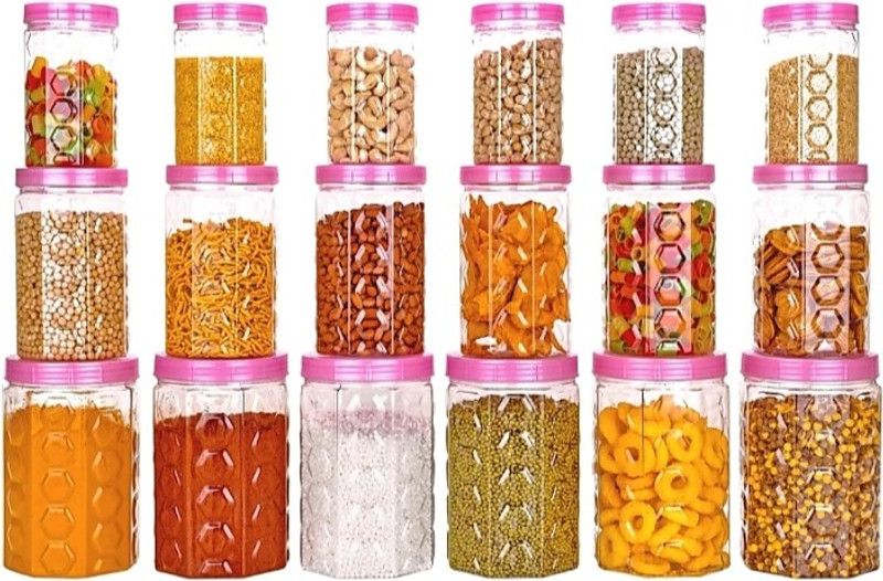 ND ENTERPRISE Hexagonal Shape Design Container - 1200ml, 650ml, 350ml (Pack of 18, PINK) - 1200 ml, 350 ml, 250 ml Plastic Grocery Container  (Pack of 18, Pink)