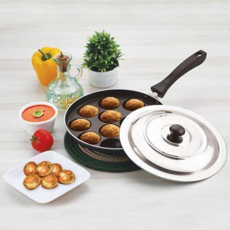 Sathi Single Handle Non-Stick 12 Cavity Appam Patra/Paddu Maker Ponganal Maker Hammer-Tone Coating Paniarakkal with Lid (Aluminium, Non-stick) Standard Idli Maker  (12 Plates , 12 Idlis )