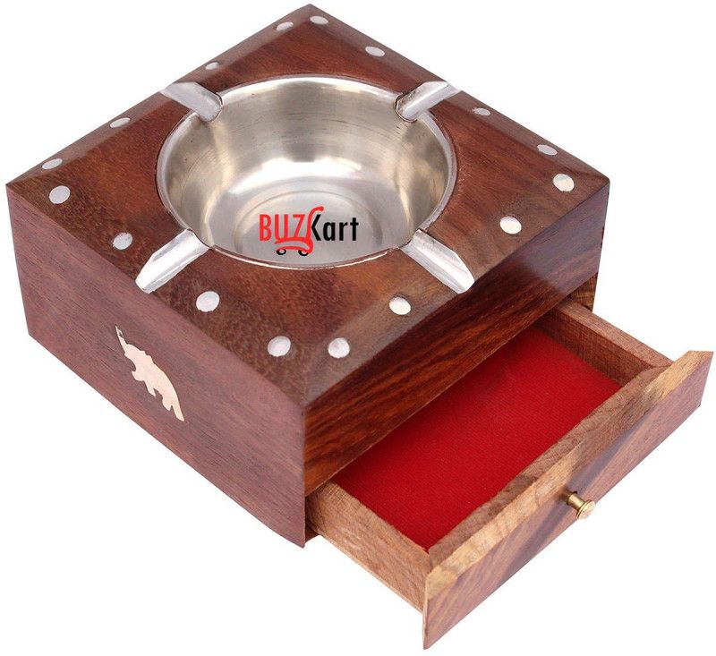 BuzyKart Beautifull Vintage Ash Tray With Cigarette Drawer Brown Wood Ashtray  (Pack of 1)